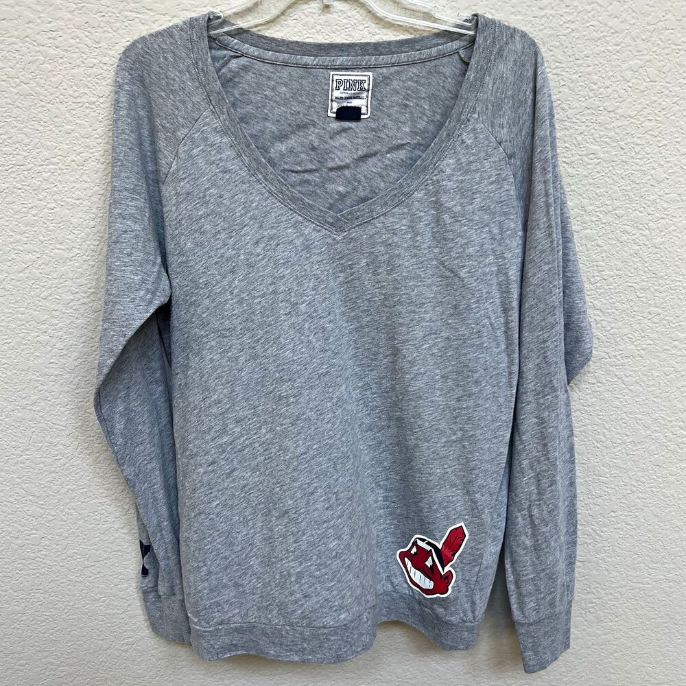 VS PINK MLB Cleveland Indians Tribe Time Gray Long Sleeve Shirt Top Size Large